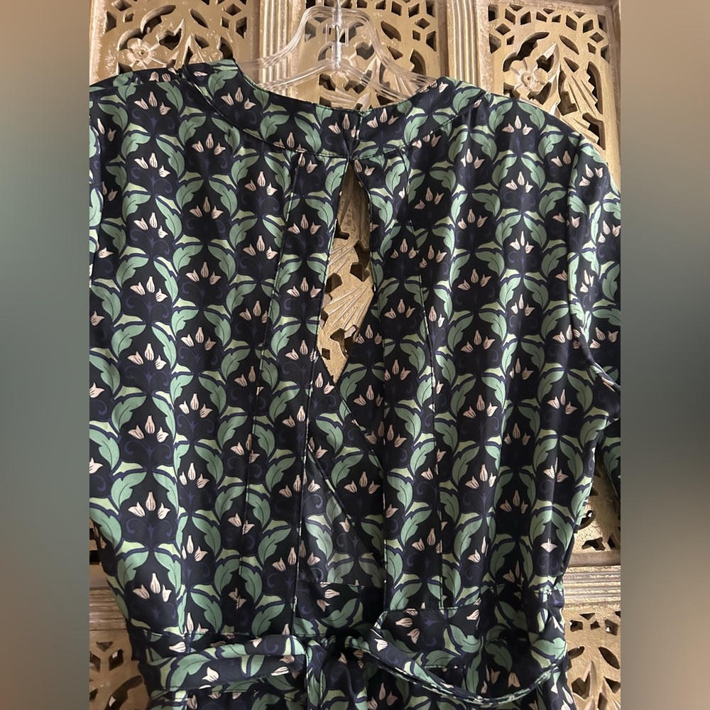 Ethereal Paper Crane Backless Dress Three Quarter Sleeves Blue Green Floral Sz L - Picture 4 of 11